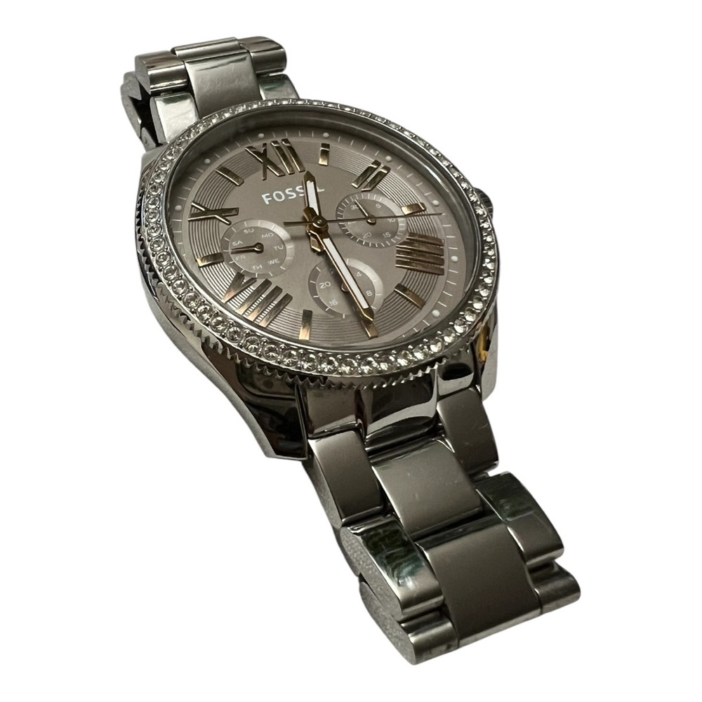 Fossil Silver Chronograph Watch with Crystal Bezel